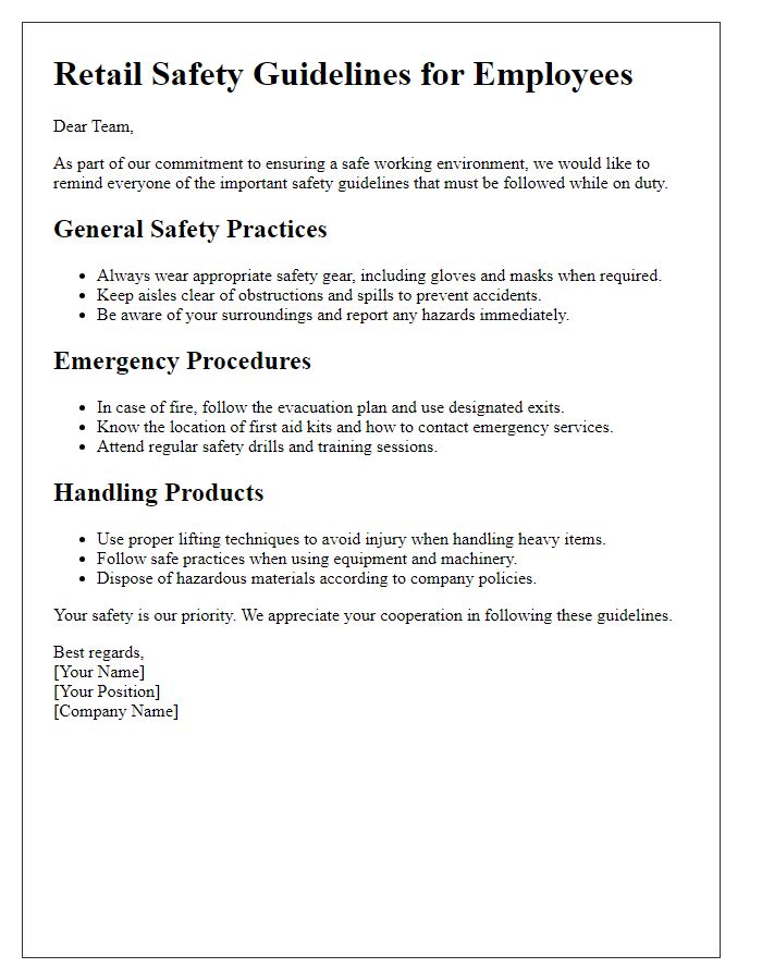 Letter template of retail safety guidelines for employees