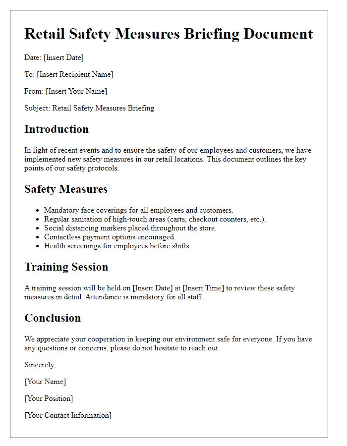 Letter template of retail safety measures briefing document