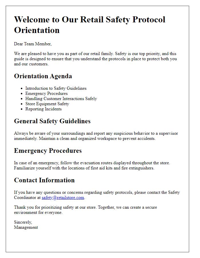 Letter template of retail safety protocol orientation guide