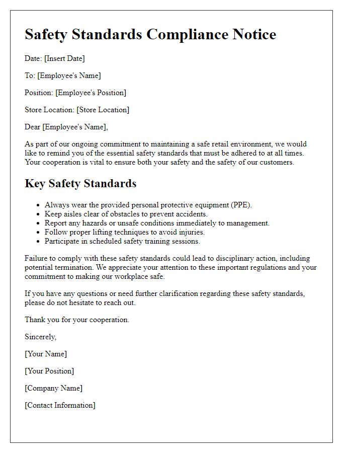 Letter template of retail safety standards communication