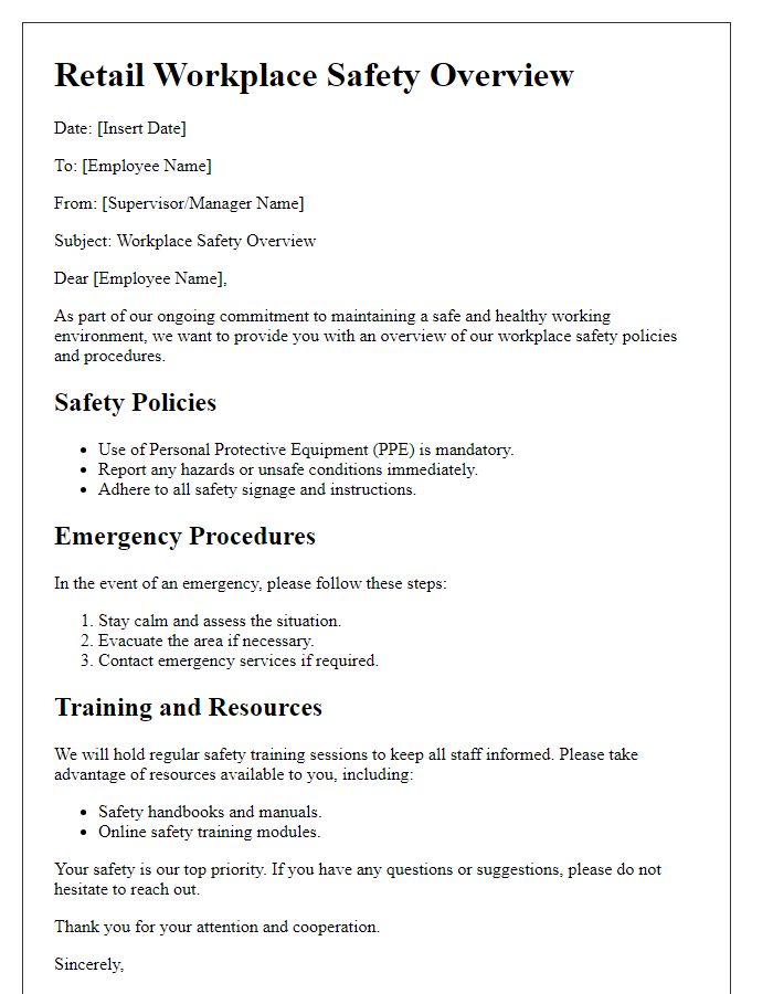 Letter template of retail workplace safety overview