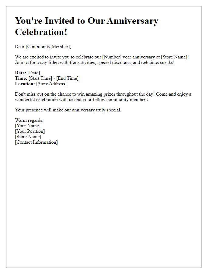 Letter template of Community Retail Anniversary Invitation