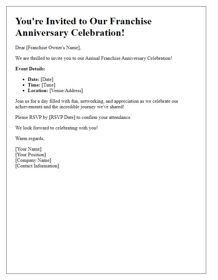 Letter template of Franchise Anniversary Celebration Invitation