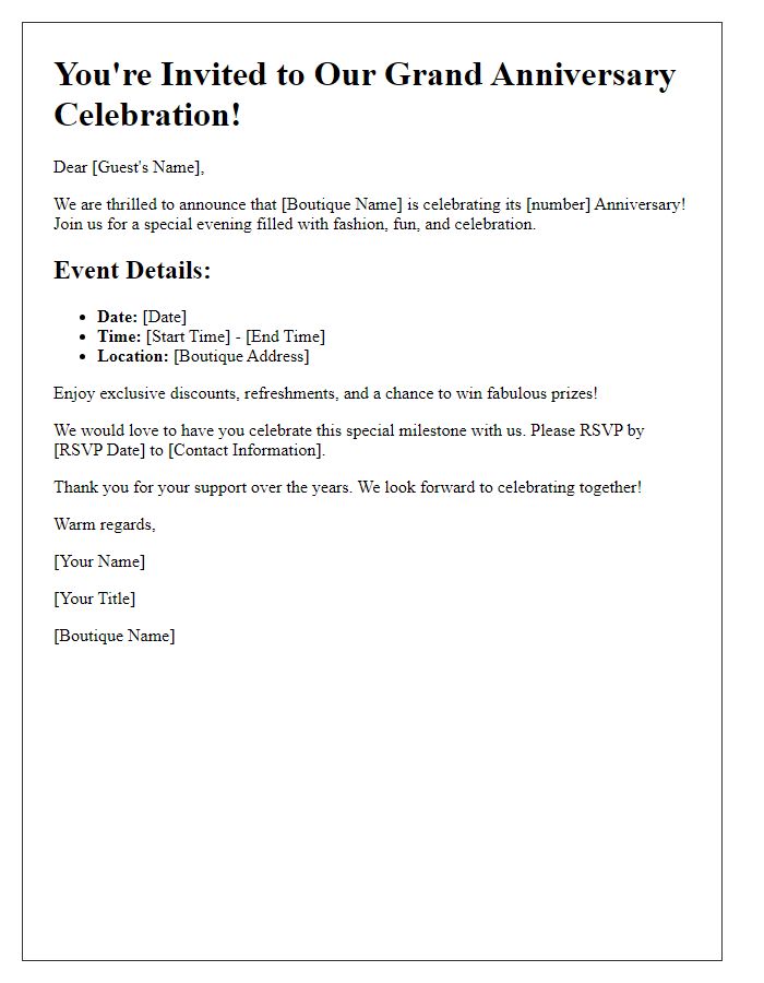 Letter template of Grand Anniversary Event Invitation for Boutique