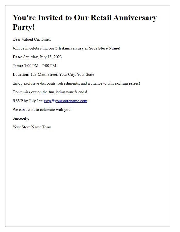 Letter template of Retail Anniversary Party Invitation