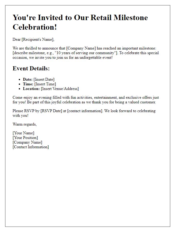 Letter template of Retail Milestone Celebration Invitation