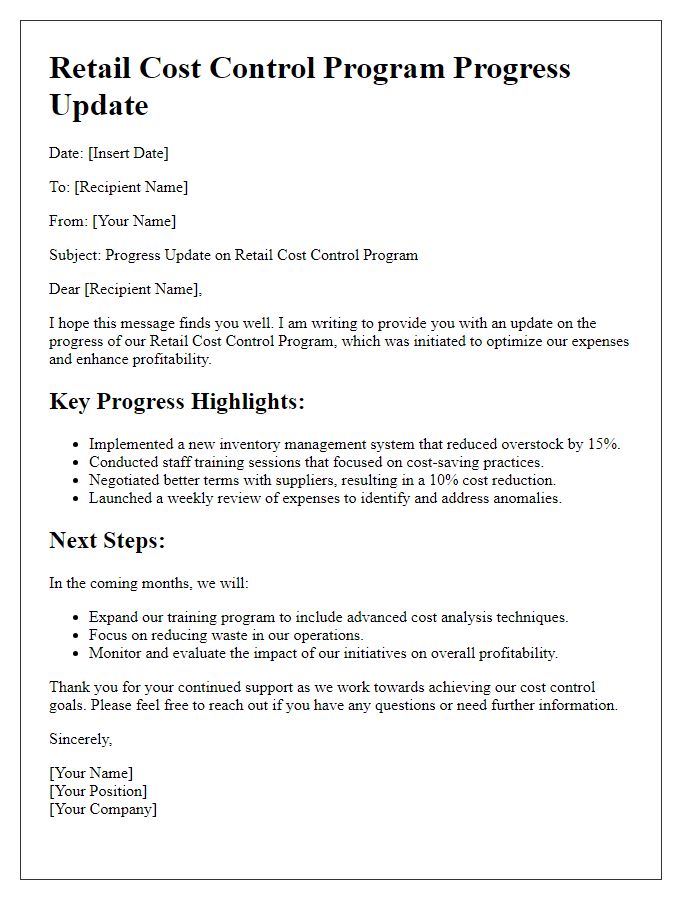 Letter template of retail cost control program progress