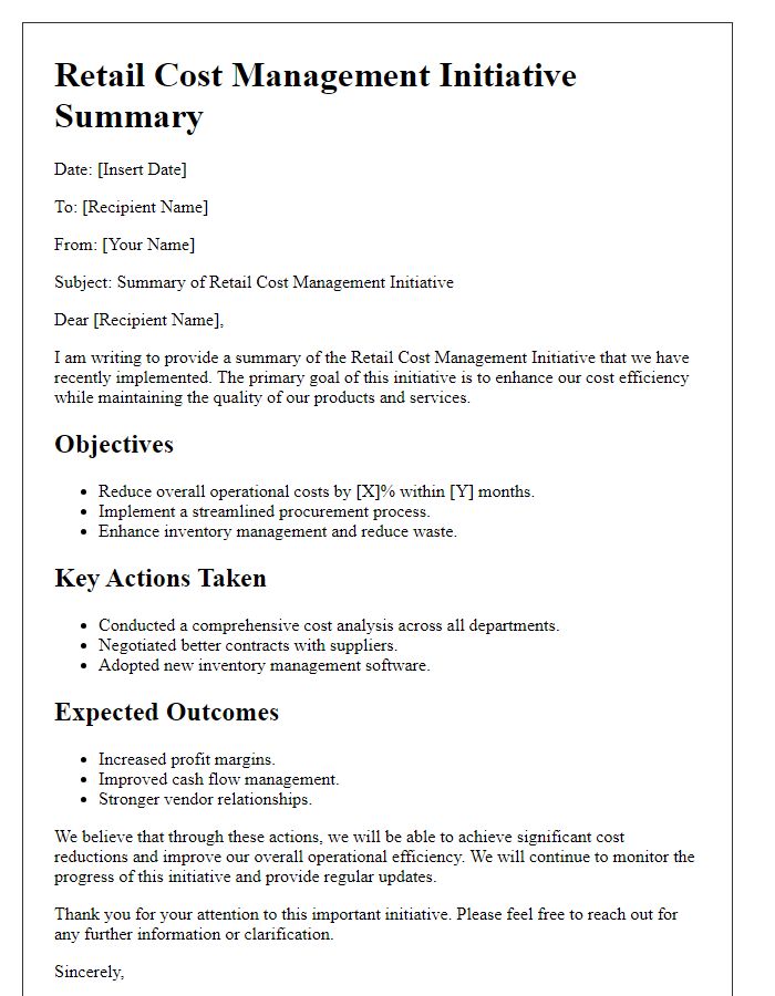 Letter template of retail cost management initiative summary