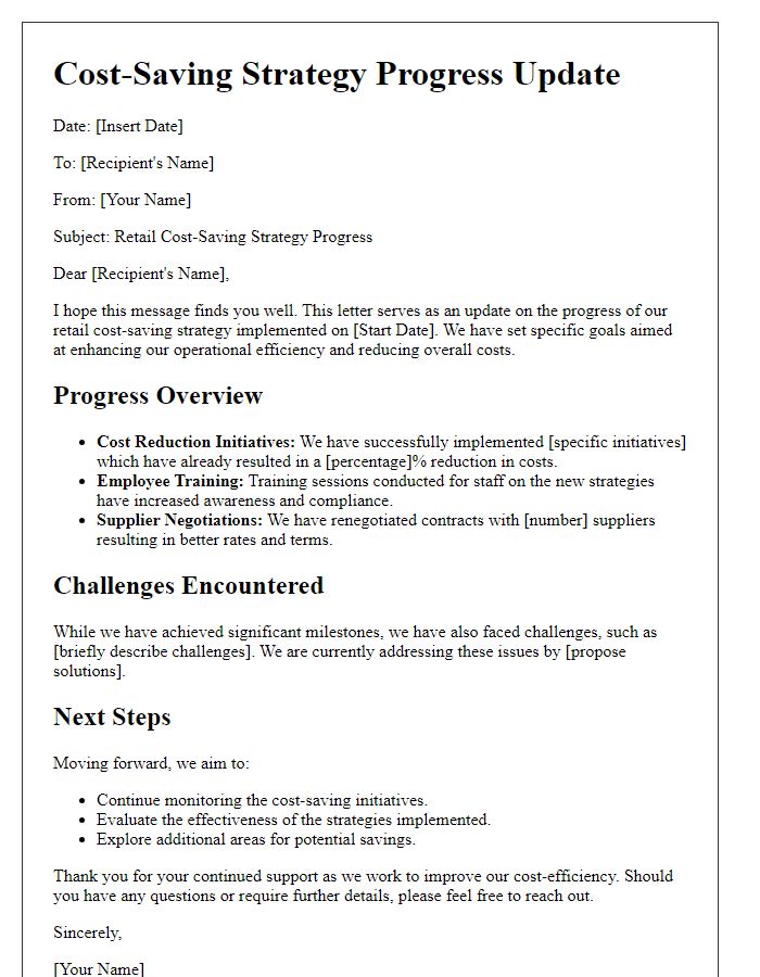 Letter template of retail cost-saving strategy progress