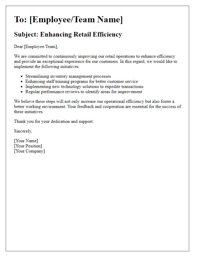 Letter template of retail efficiency enhancement communication