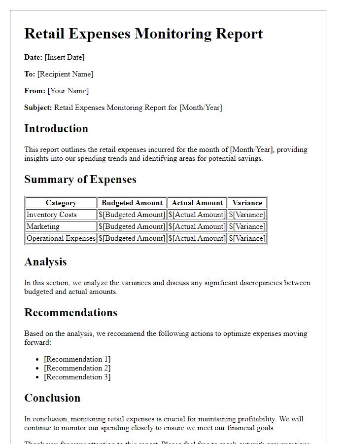 Letter template of retail expenses monitoring report