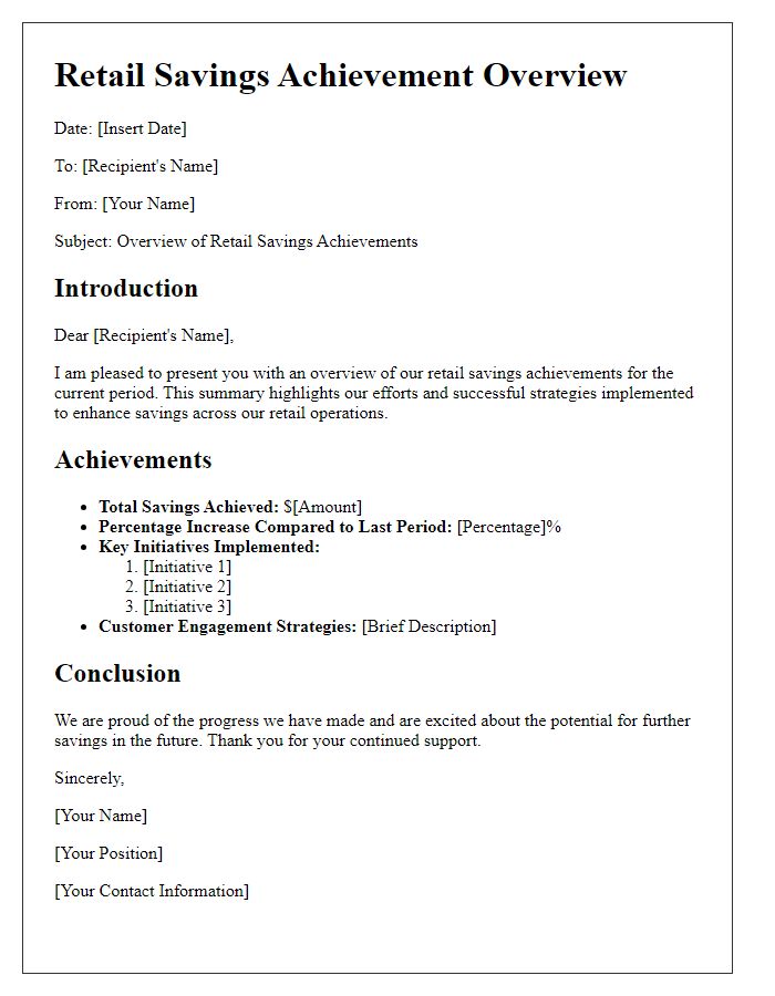 Letter template of retail savings achievement overview