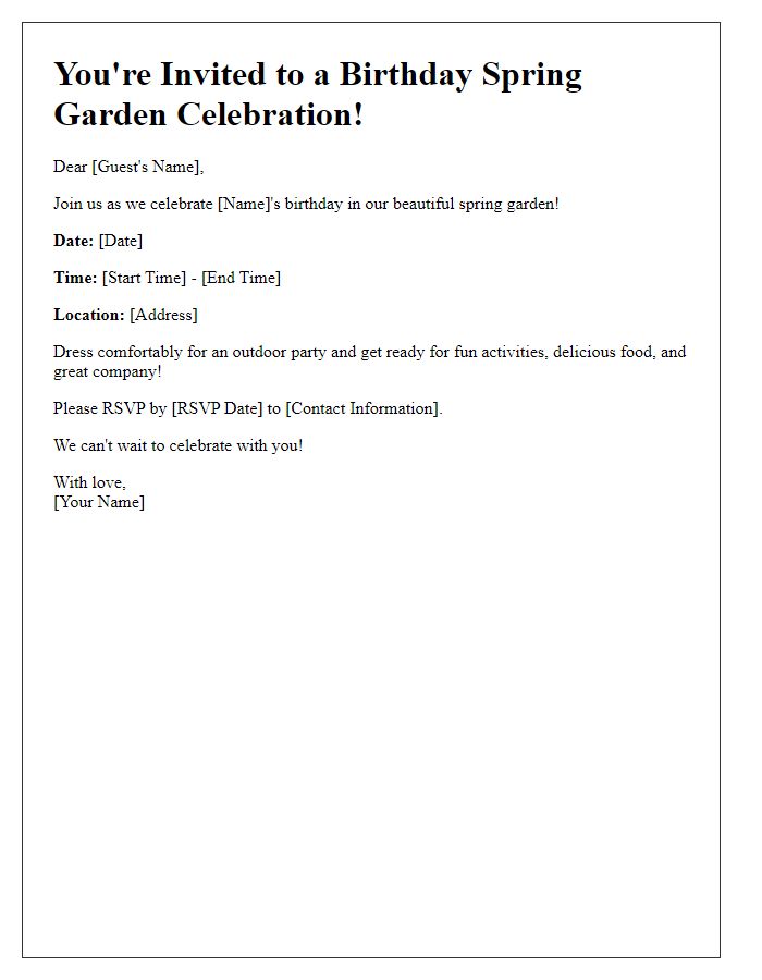 Letter template of a birthday spring garden celebration invitation