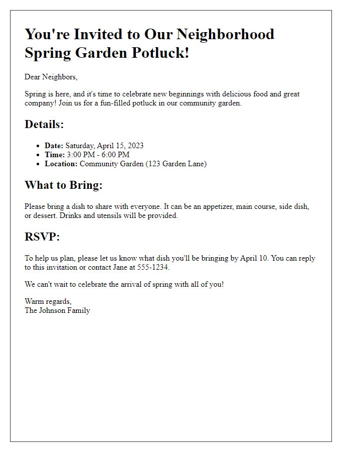 Letter template of a neighborhood spring garden potluck invite