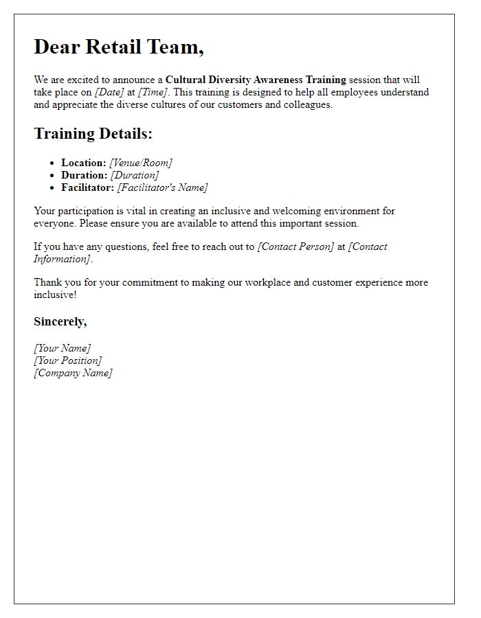 Letter template of cultural diversity awareness training for retail employees.