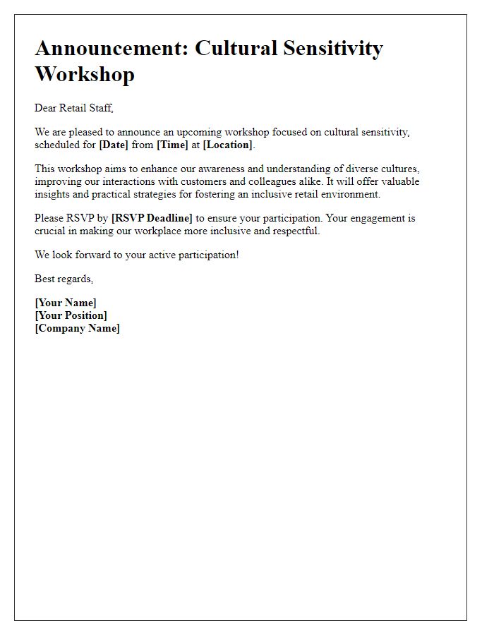 Letter template of cultural sensitivity workshop announcement for retail staff.