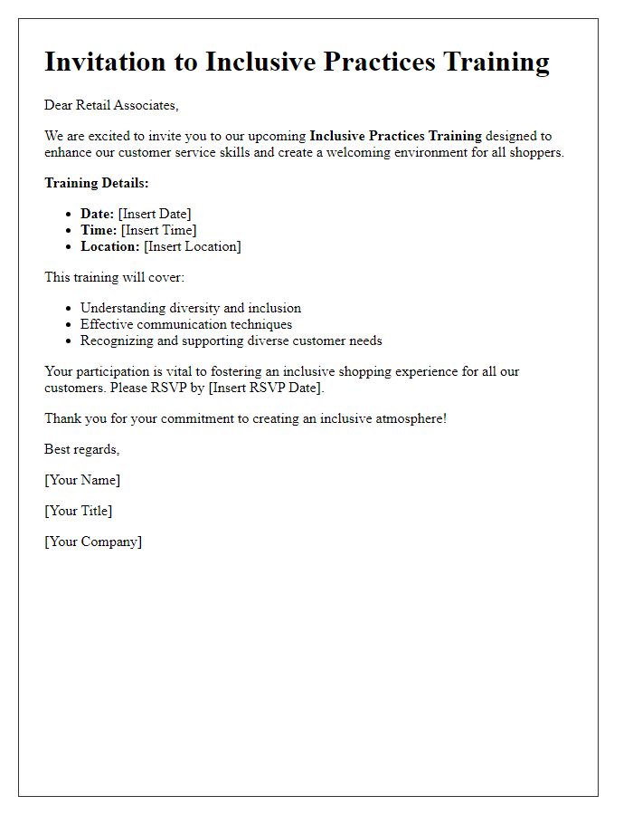 Letter template of inclusive practices training for retail associates.