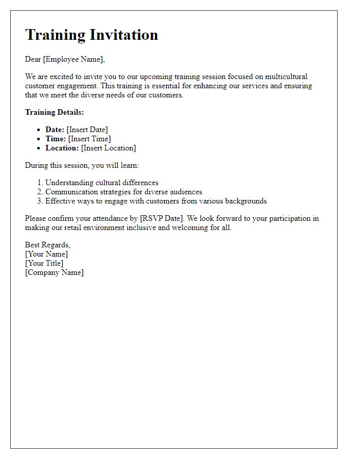 Letter template of retail employee training on multicultural customer engagement.