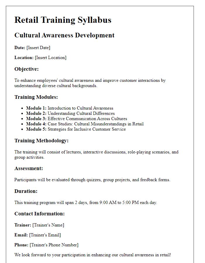 Letter template of retail training syllabus for cultural awareness development.