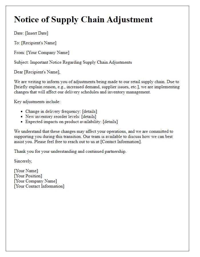 Letter template of retail supply chain adjustment notice