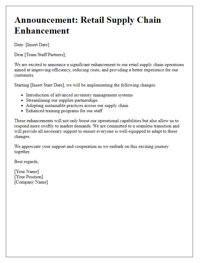 Letter template of retail supply chain enhancement announcement