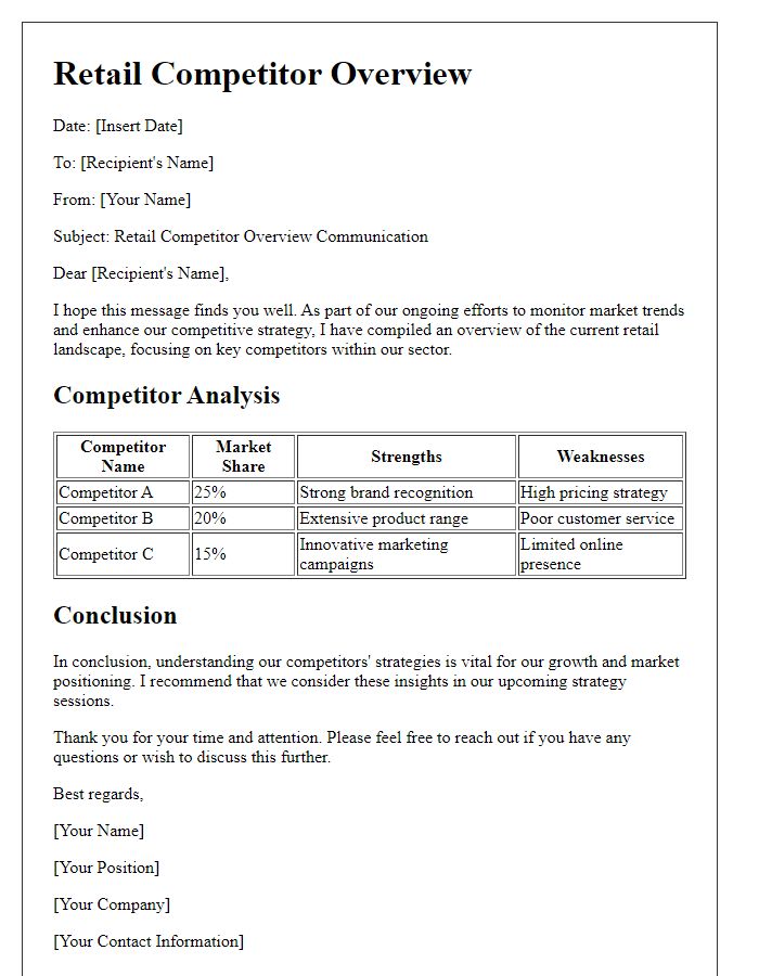 Letter template of retail competitor overview communication