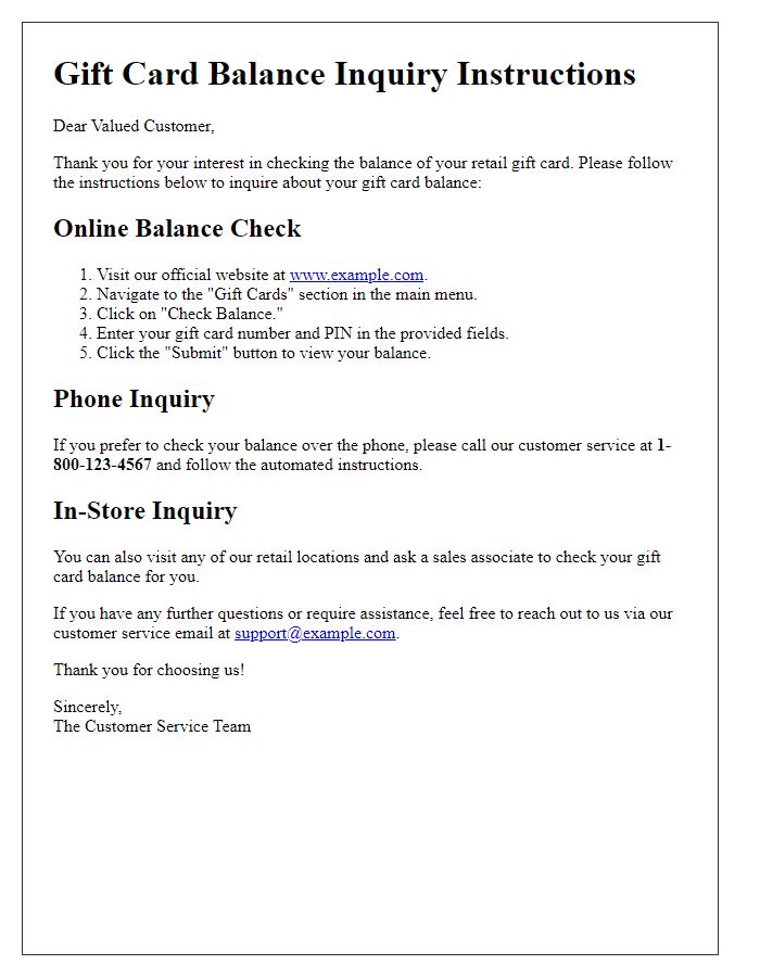 Letter template of retail gift card balance inquiry instructions