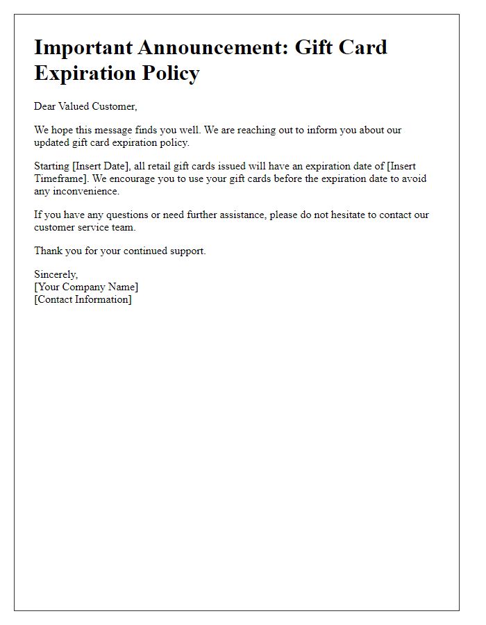 Letter template of retail gift card expiration policy announcement