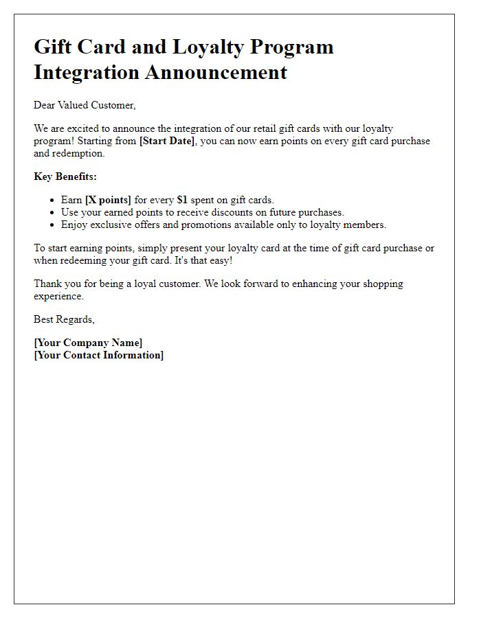 Letter template of retail gift card integration with loyalty programs