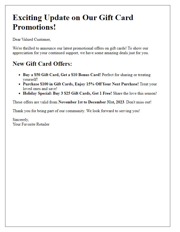 Letter template of retail gift card promotional offers update