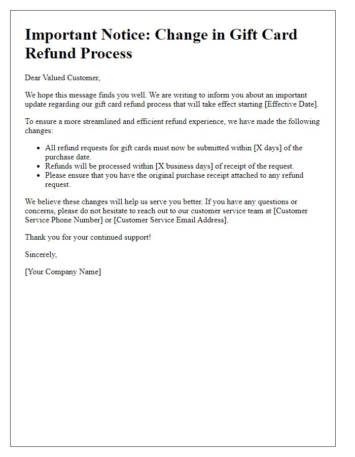 Letter template of retail gift card refund process change