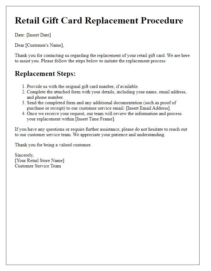 Letter template of retail gift card replacement procedure