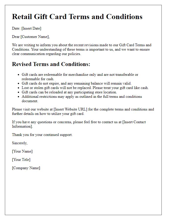 Letter template of retail gift card terms and conditions revision