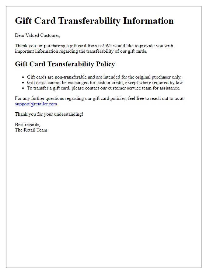 Letter template of retail gift card transferability information