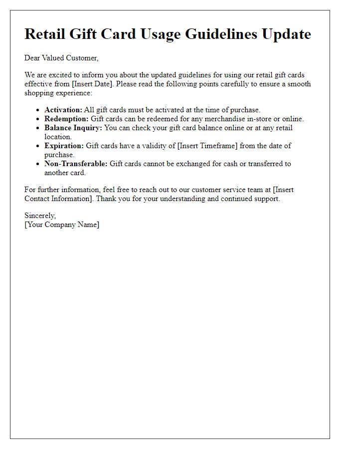 Letter template of retail gift card usage guidelines update