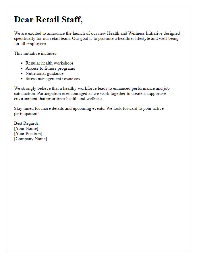 Letter template of introduction to the retail staff health and wellness initiative