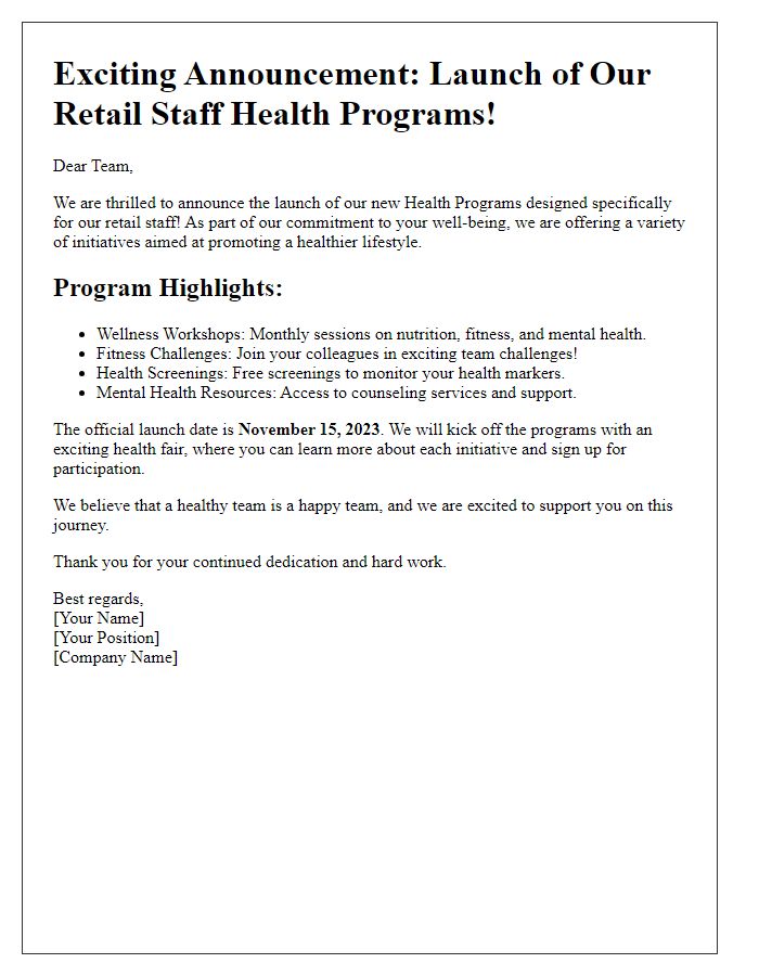 Letter template of launch announcement for retail staff health programs