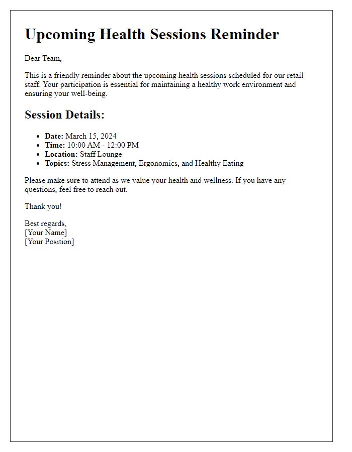 Letter template of reminder for upcoming health sessions for retail staff