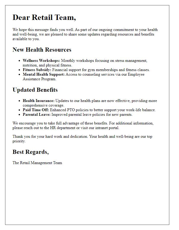 Letter template of updates on retail staff health resources and benefits