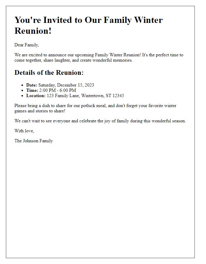 Letter template of family winter reunion invitation