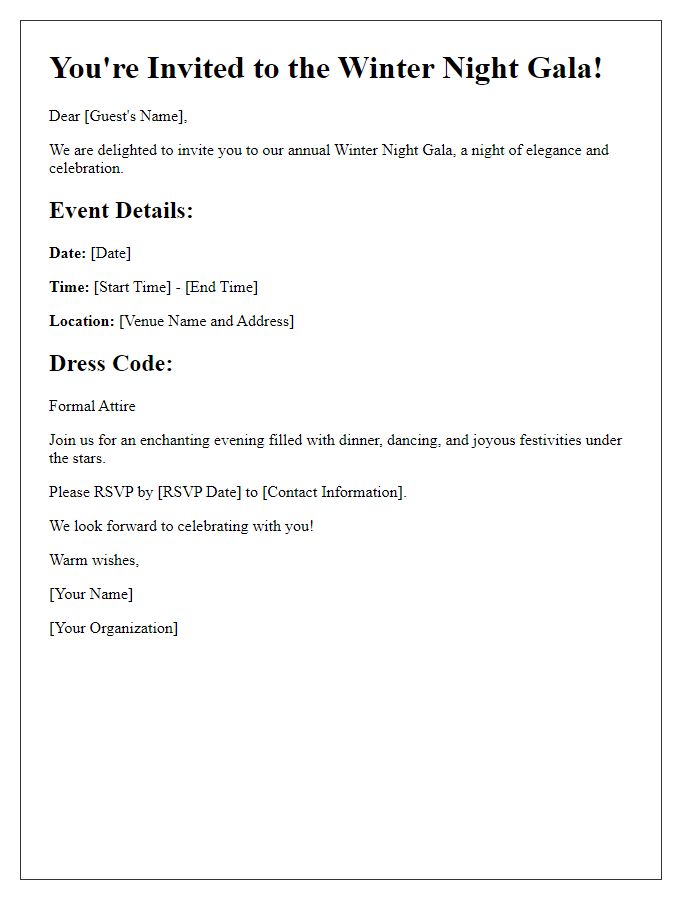 Letter template of winter night gala invitation