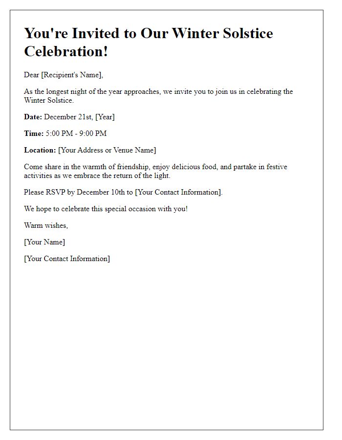 Letter template of winter solstice celebration invitation