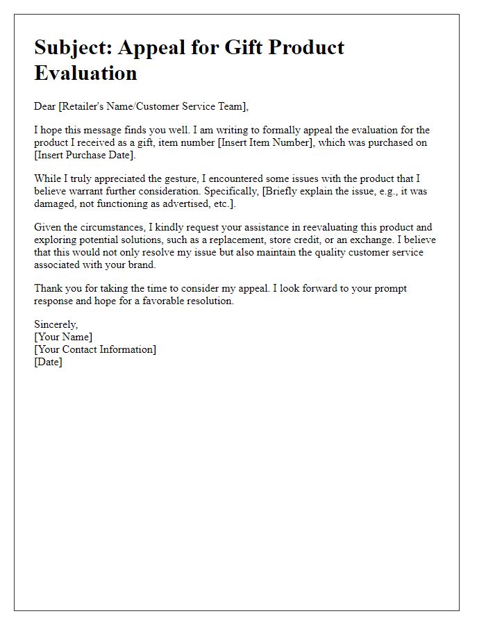 Letter template of retail product evaluation appeal for gift recipients