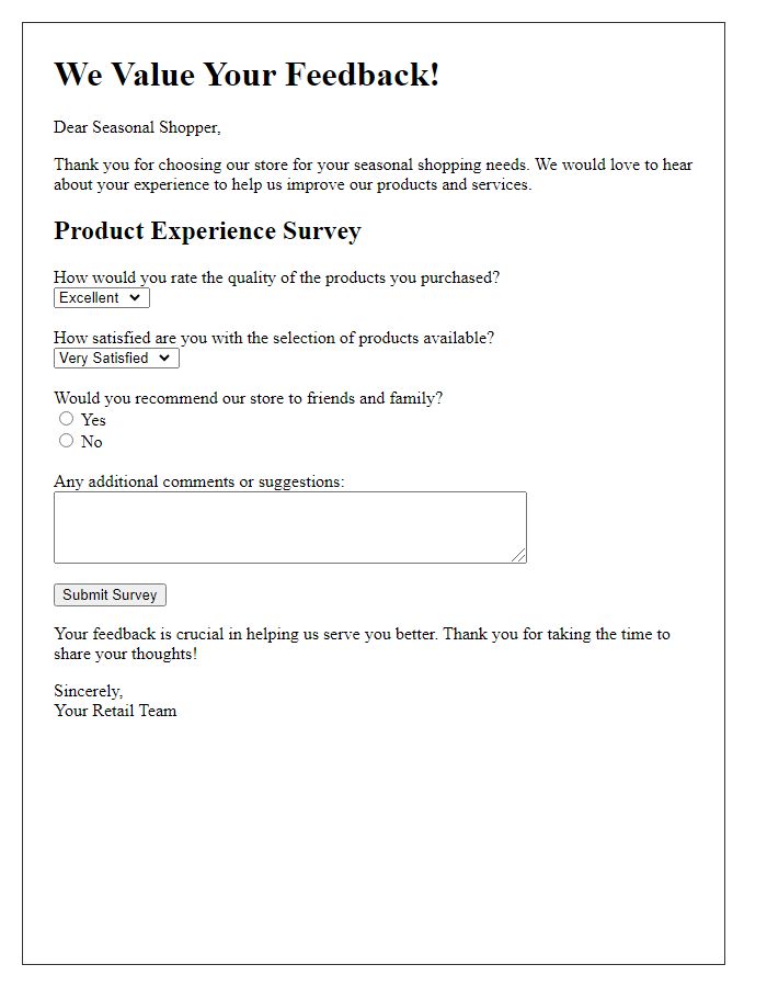 Letter template of retail product experience survey for seasonal shoppers