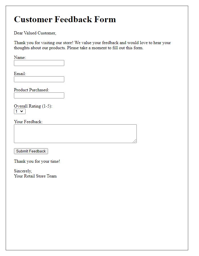 Letter template of retail product feedback form for in-store customers