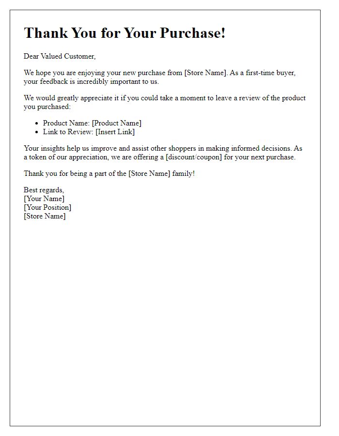 Letter template of retail product review invitation for first-time buyers