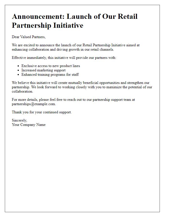 Letter template of Announcement for Retail Partnership Initiative Launch