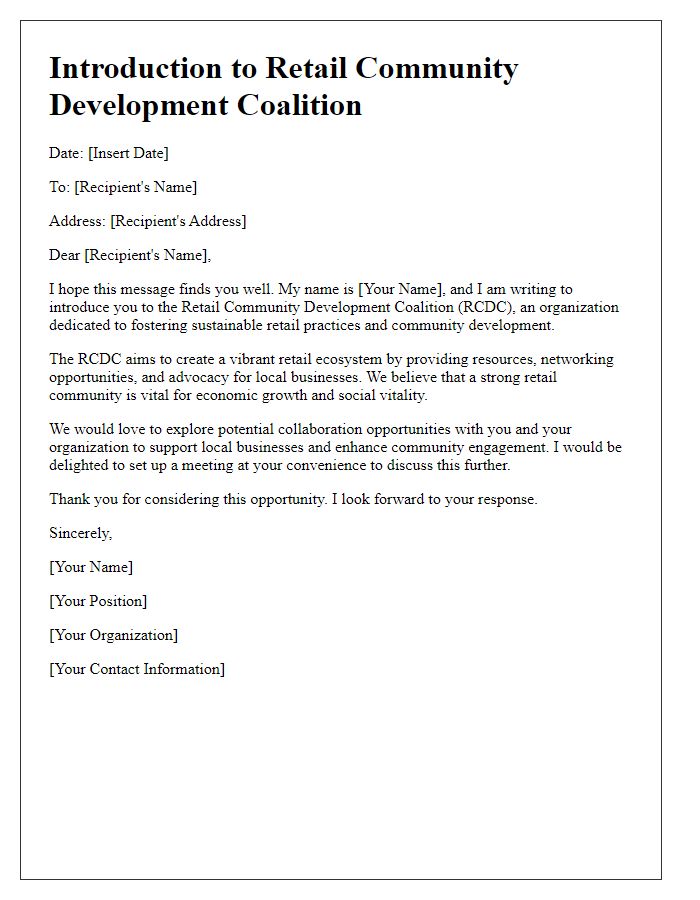 Letter template of Introduction to Retail Community Development Coalition