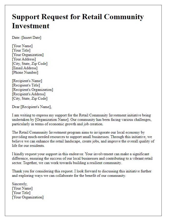 Letter template of Support Request for Retail Community Investment