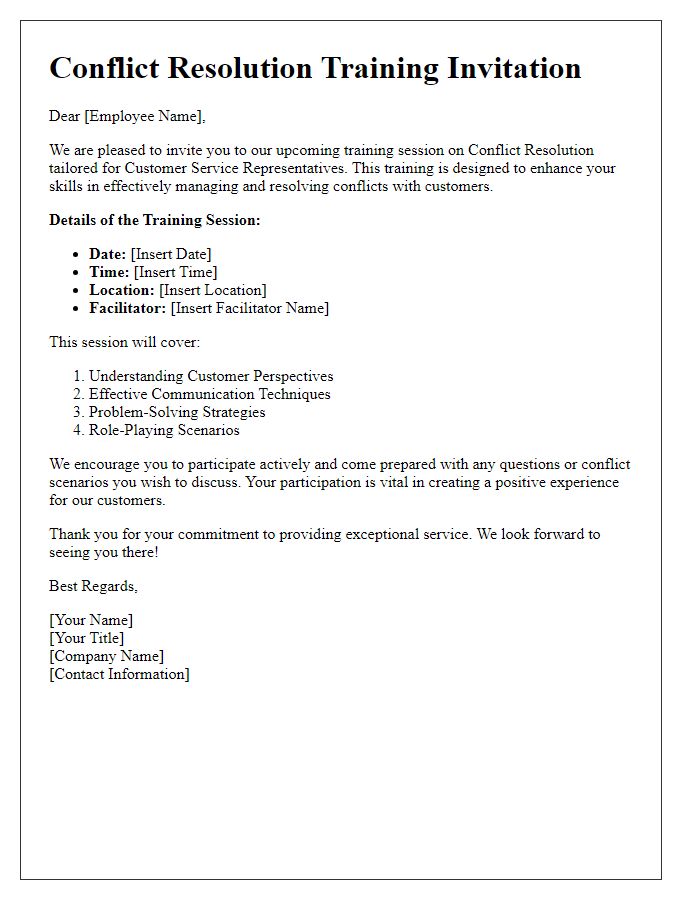 Letter template of retail conflict resolution training for customer service representatives.